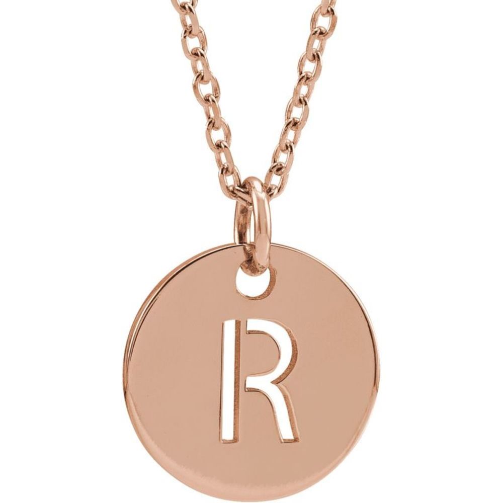 14k Rose Gold Initial R, Small 10mm Pierced Disc Necklace, 16-18 Inch